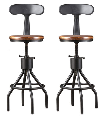 Set of 2 Rustic Industrial Bar Stool-24-30 Tall Adjustable Metal Swivel Wooden Top Barstools-Counter Height Bar