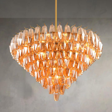 Gold Round Chandelier, 36" Large Brass Chandeliers for Dining Room, 20-Light with Clear Amber Glass Tiered Chandelier for Living Room, Modern Chandeliers for Bedroom, Kitchen Island, Entryway
