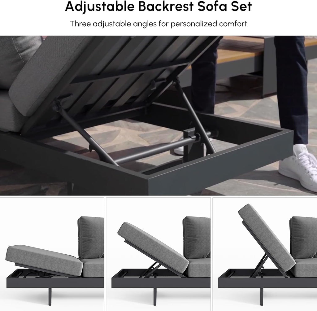 4 Piece Outdoor Conversation Sets, Teak & Aluminum Modular Sofa | Patio Sectional Sofa with Adjustable Backrests
