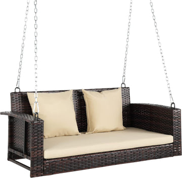 4FT Wicker Swing, Rattan Porch Swing, Outdoor Hanging Seat, Brown | Heavy Duty 800 LBS Outdoor Swing with