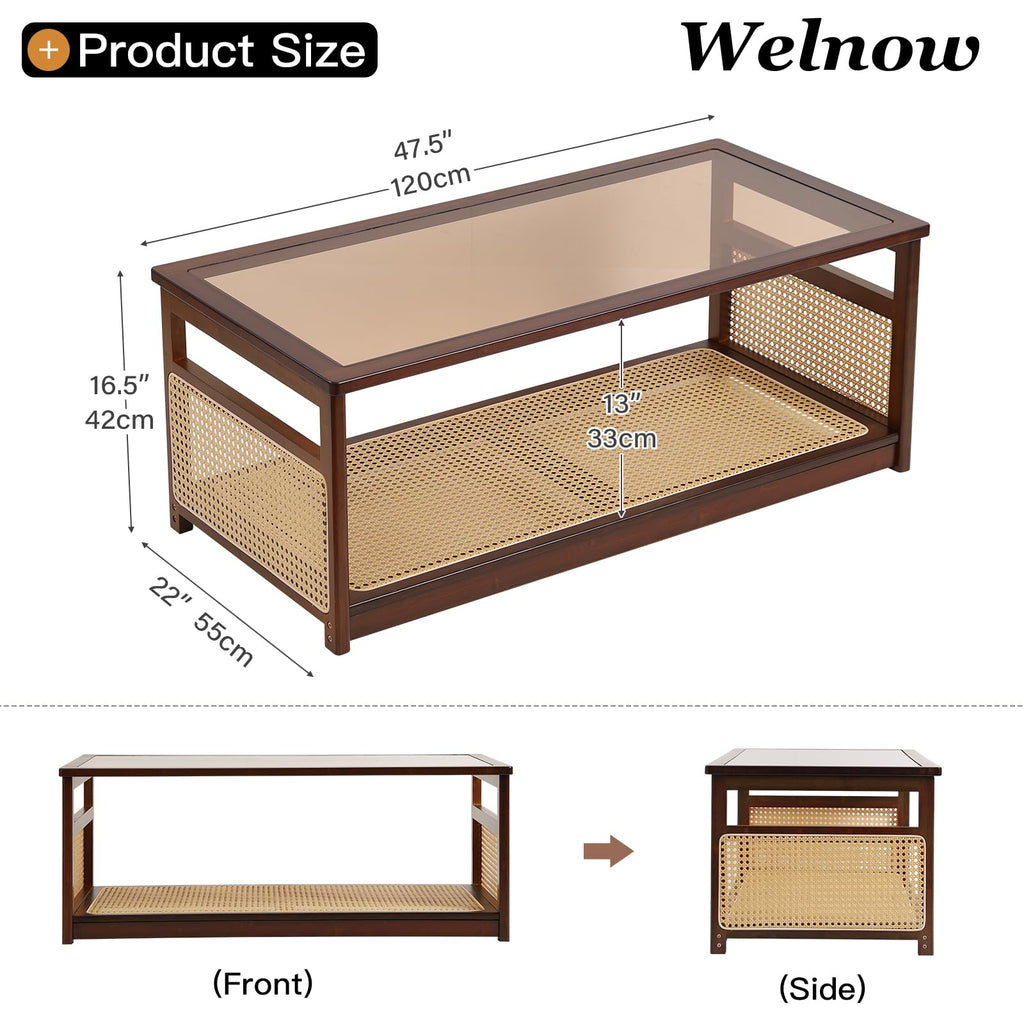 Rattan Coffee Table, 2-Tier Rectangle Center Table, 47.5", Walnut