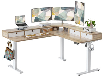 L Shaped 63 x 55 inch Standing Desk Adjustable Height, Electric Corner Standing Desk with 4 Drawers and Upper Shelf
