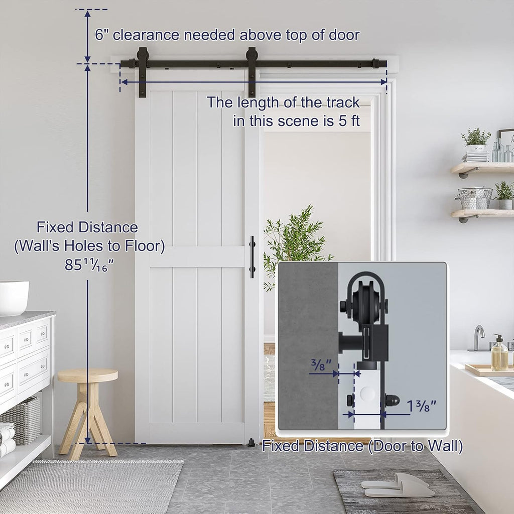 30 x 84 inch White Sliding MDF Barn Door with 5FT Black Sliding Door Hardware Kit & Handle, Pre-Dril