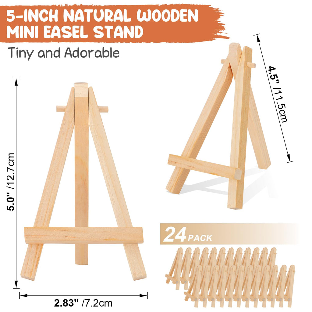 5" Mini Wood Display Easel 24 Pack, Natural Wooden Small Easel Stand for Signs, Small Canvases, Table Display