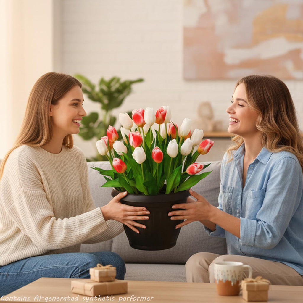 28PCS Artificial Tulips in Pot, Tabletop Decor