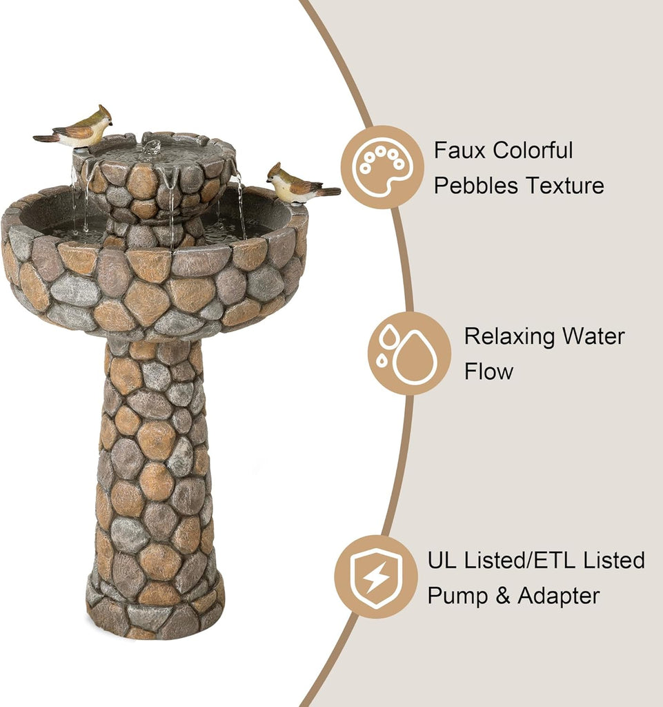 2-Tier Stone Like Outdoor Water Fountain with Birds, Bird Bath Outdoor Waterfall Fountain Decor, Freestanding Water