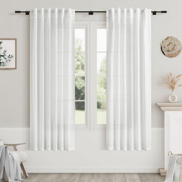 White Linen Curtains 63 Inches Long Back Tab Light Filtering Privacy Sheer Curtains Modern Farmhouse Coastal Decor