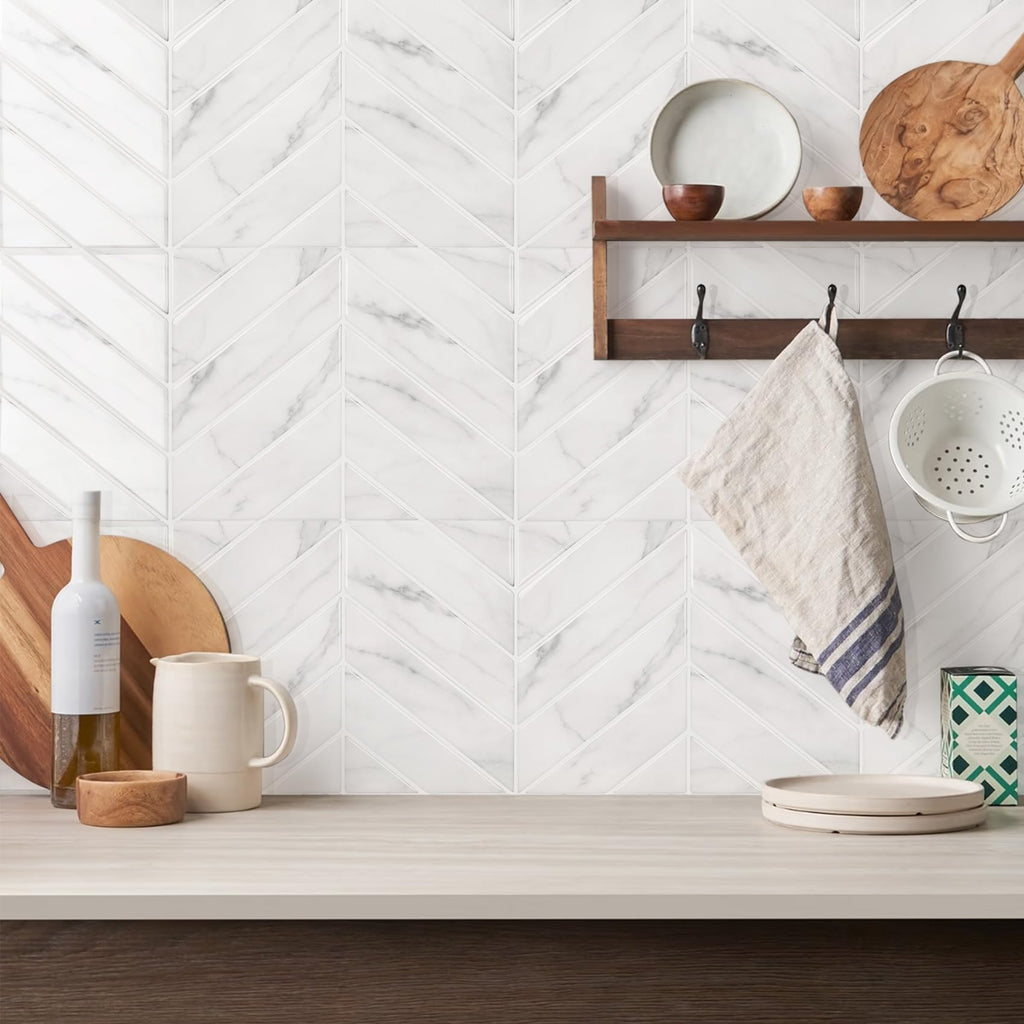 Herringbone Peel and Stick Backsplash, White Marble, 10 Sheets