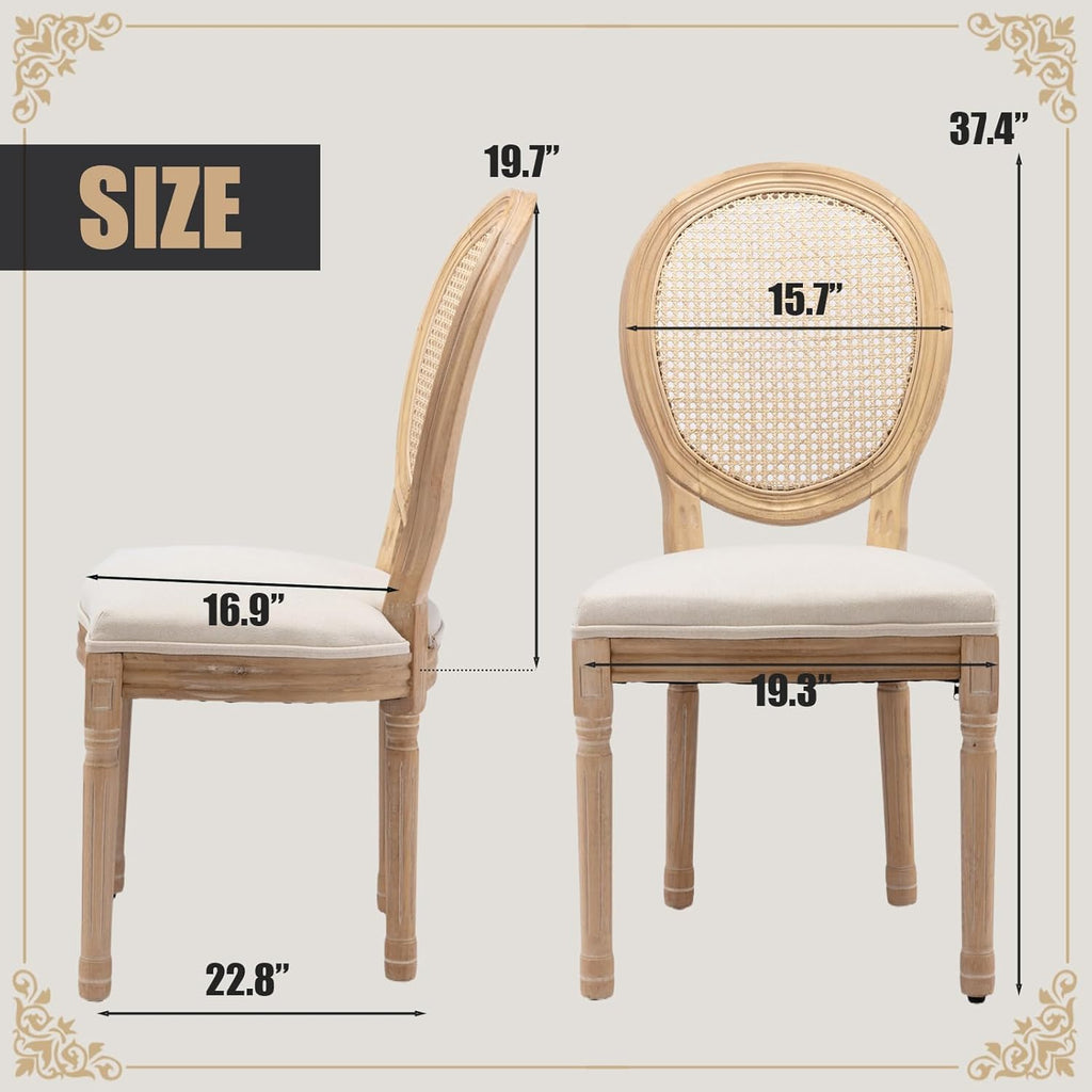 French Country Dining Chairs Set of 6, Farmhouse Rattan Dining Chairs with Round Back, Beige