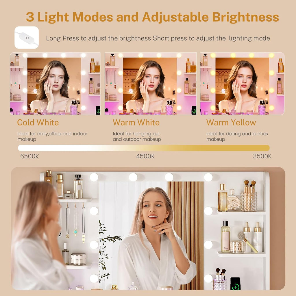 Makeup Vanity Desk with Mirror and Lights, White Vanity with Glass Top, 3 Colors LED Lights & Power Outlet, Vanity