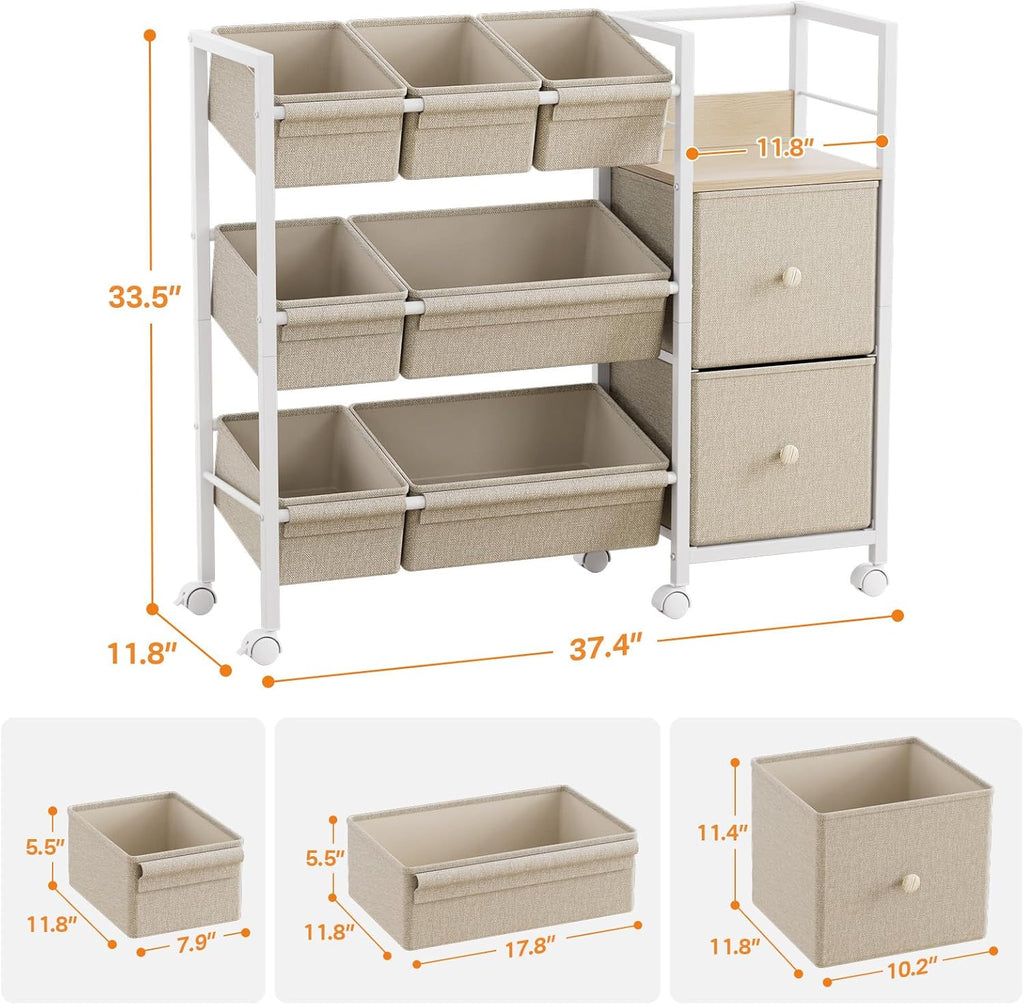 Kids Toy Organizers and Storage Bins, Off White | 7 Storage Bins + 2 Fabric Drawers + 1 Bookshelf, Playroom Storage