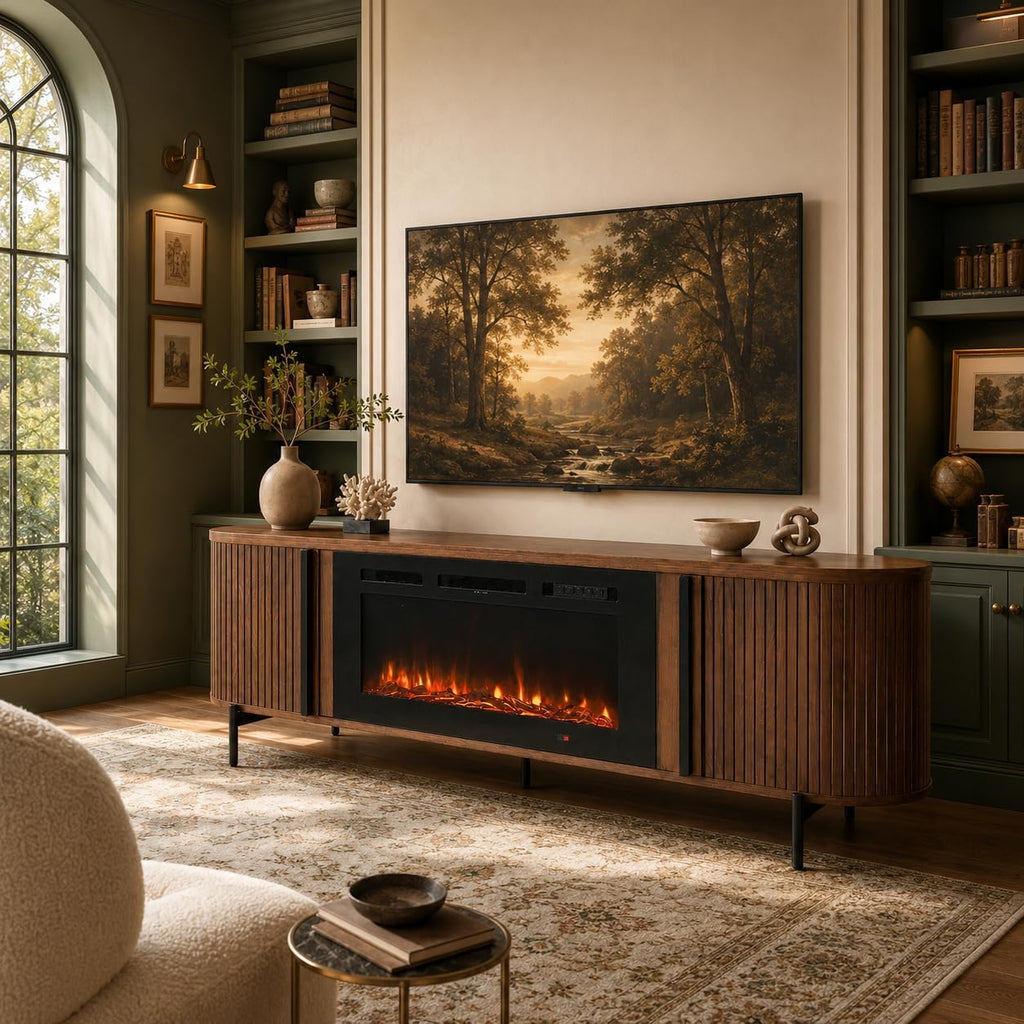 70" Fluted TV Stand with Fireplace, Mid Century Modern TV Stand, Entertainment Center for TVs Up to 80"