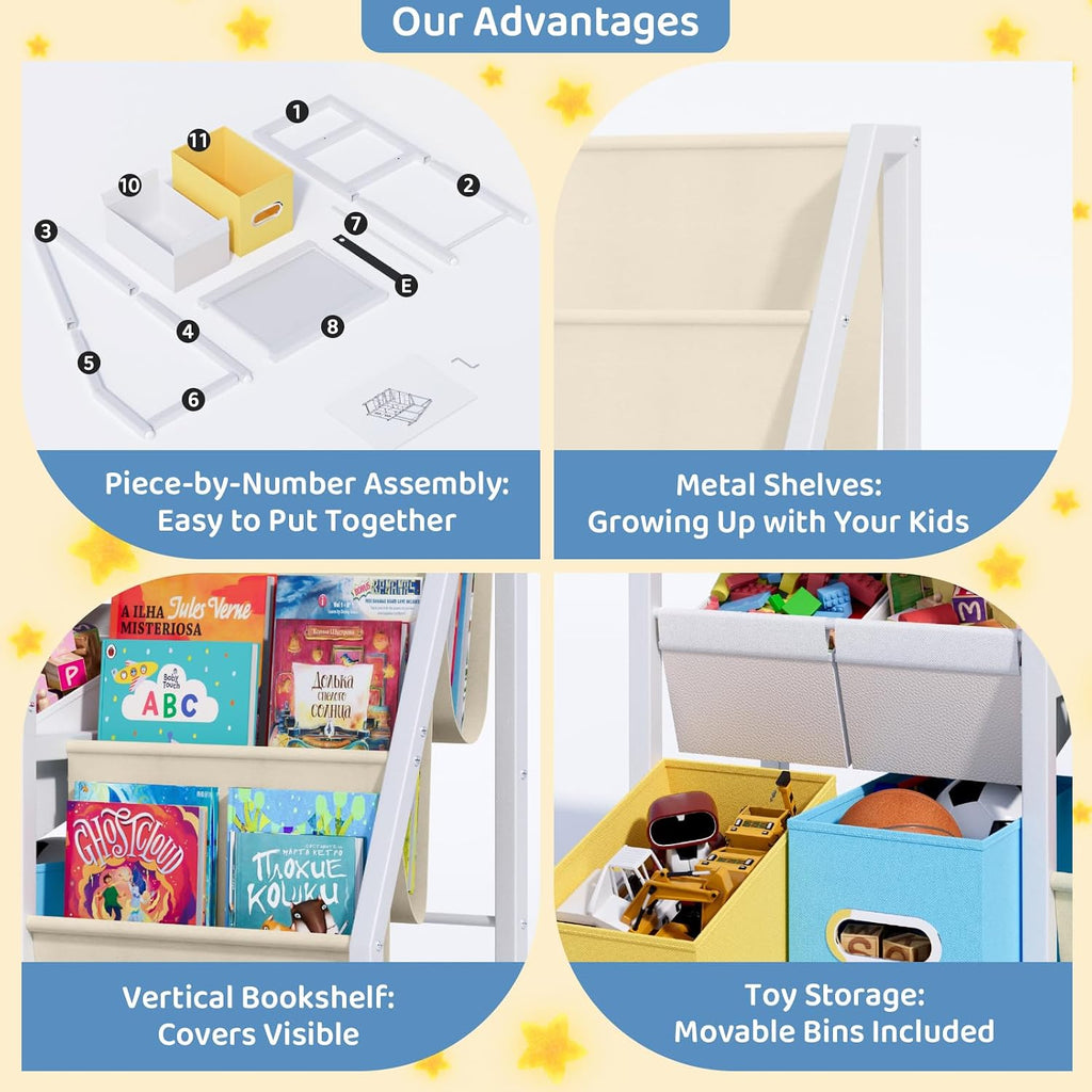 Kids Bookshelf Toy Storage Organizer, Toddler Baby Montessori | Montessori Toddler Book Rack With 3 Slings & 6 Toy