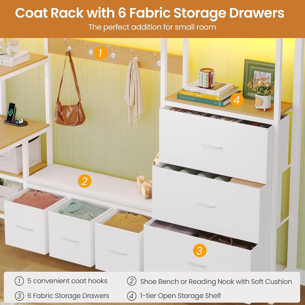 Twin Loft Bed with 6 Storage Drawers,Coat Rack and Open Shelves Metal Twin Loft Bed with Desk,Charging Station and LED