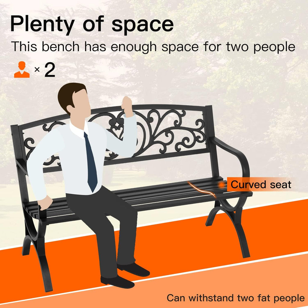 Garden Bench 50 inch Outdoor Metal Loveseat Chairs with Armrests Slatted Seat and w/Floral Design Backrest for Park