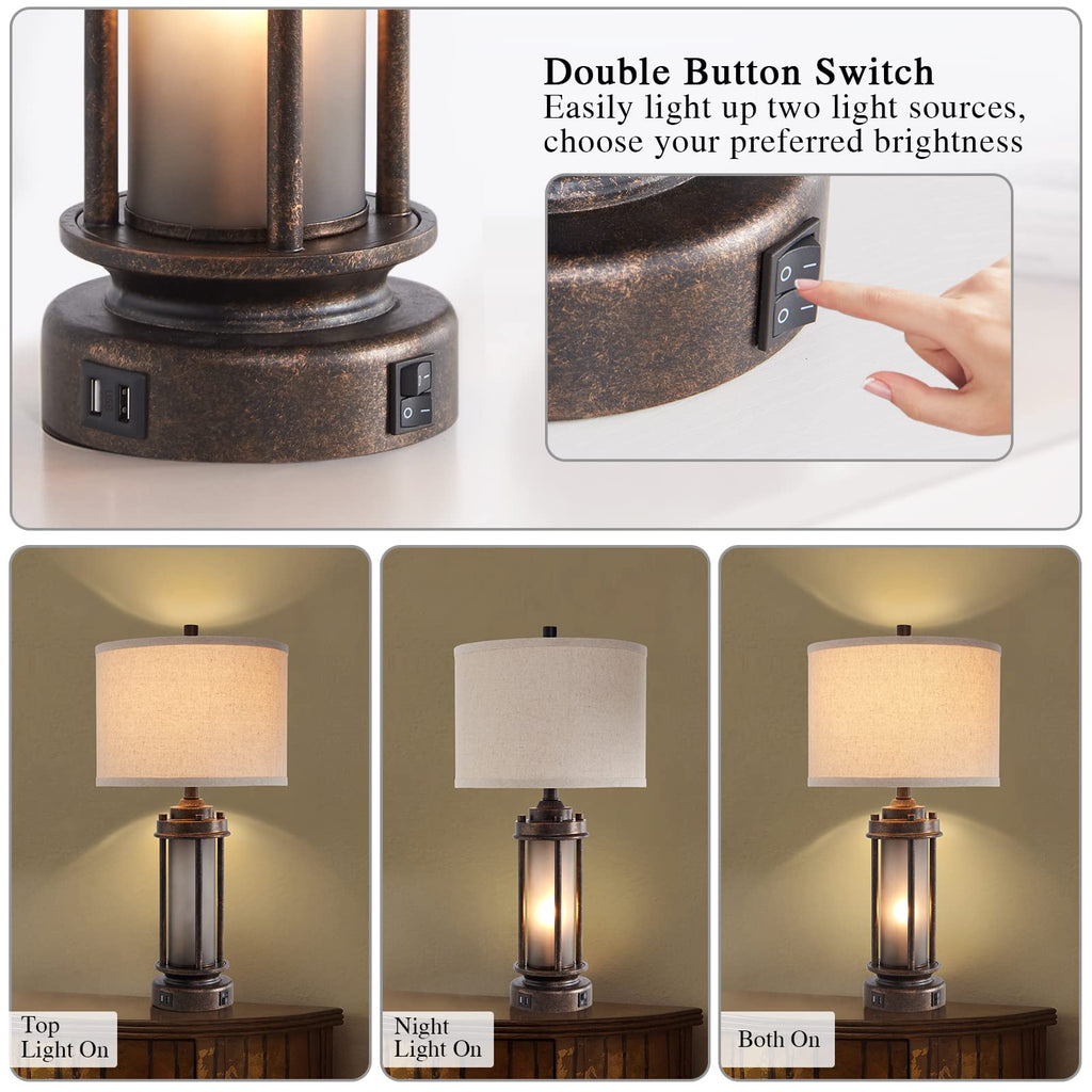 25'' Set of 2 Farmhouse Table Lamps with USB C+A