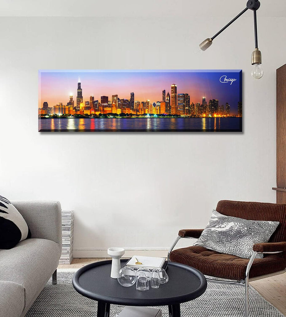 Chicago Skyline Wall Art Canvas Prints, Framed, 13.8"x45.3" | Cityscape USA City Building, Panoramic Night View