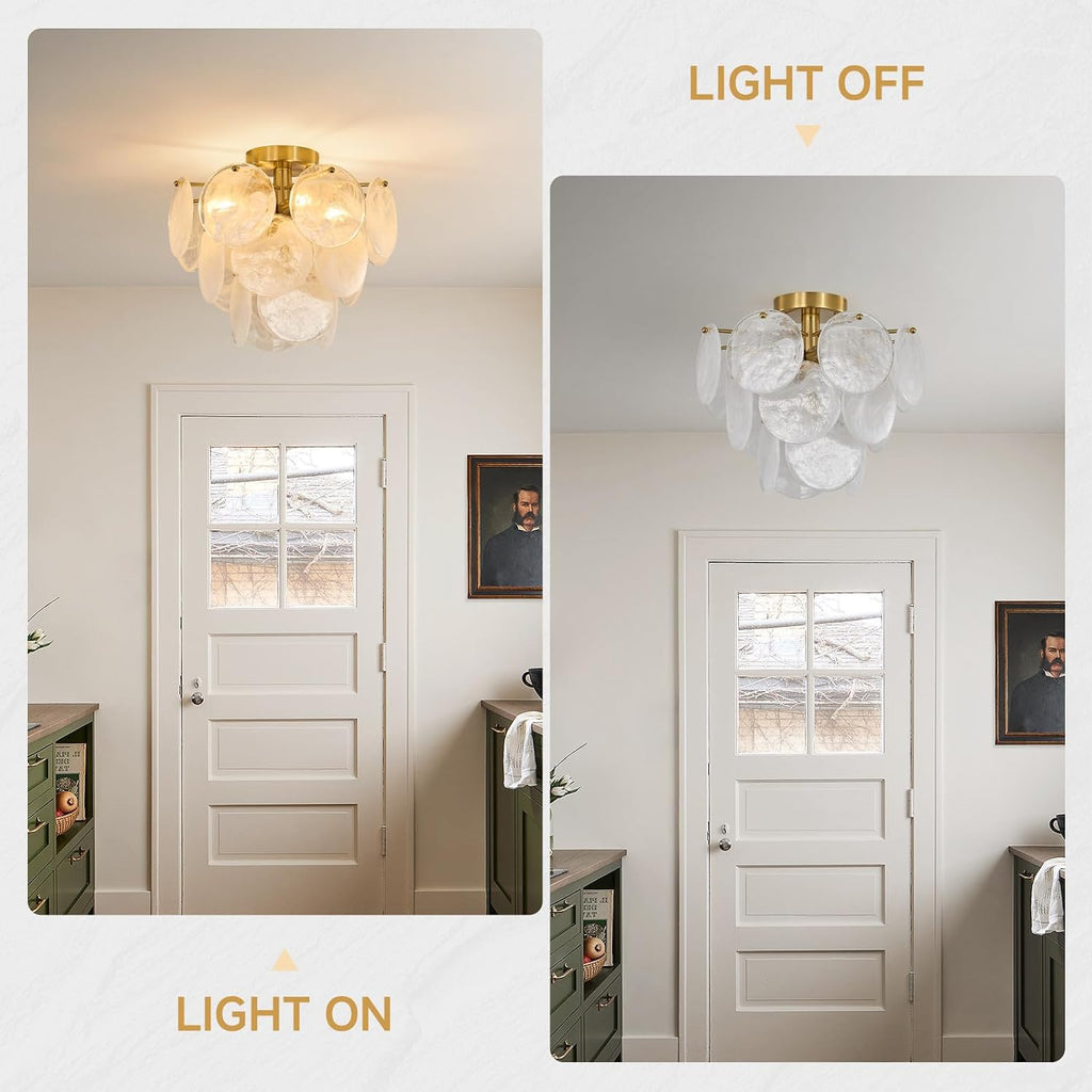 Gold Semi Flush Mount Chandelier, Round Cloud Glass Bedroom Light Fixtures | Modern Mid Century Small Bathroom