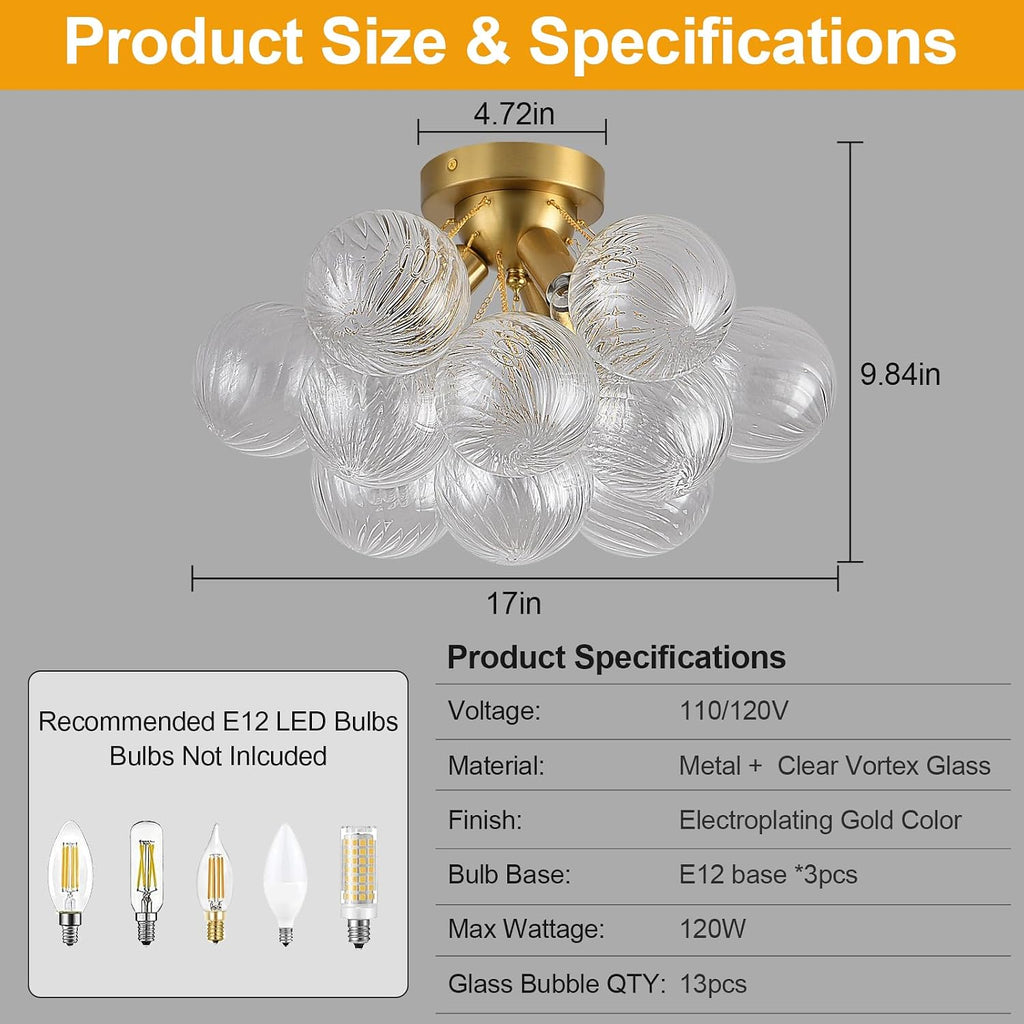 Bubble Chandelier Bubble Ceiling Light 17in Semi Flush Mount Chandelier Blown Glass Mid Century Close to Ceiling