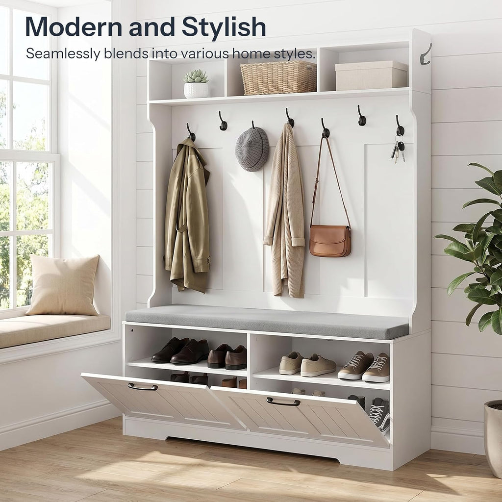 Hall Tree with Bench, 47.2" Hall Tree with Shoe Storage | Entryway Coat Rack, Shoe Bench with Storage, Farmhouse Hall