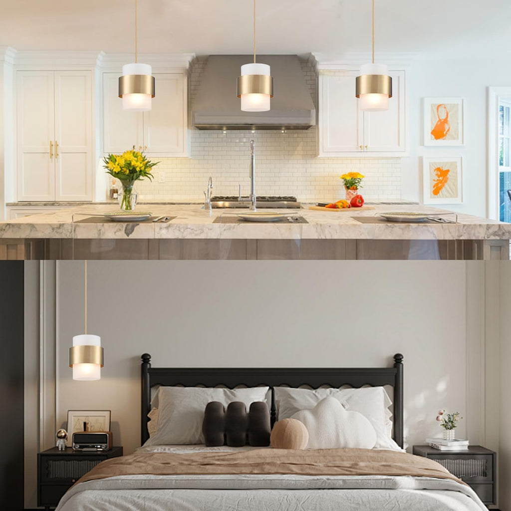 Modern Mini Gold Pendant Light Fixtures Frosted Cylinder Glass | Small Milk White Glass Shade Hanging Lamp Adjustable