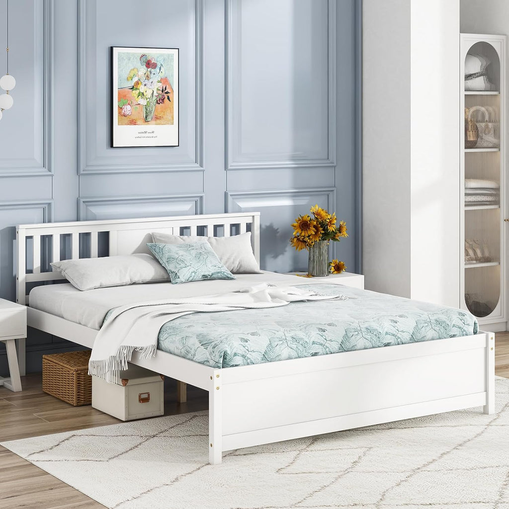 Queen Solid Wood Platform Bed Frame, Mid Century Queen Bed Frame with Headboard, Wooden Slat Support, Queen Panel