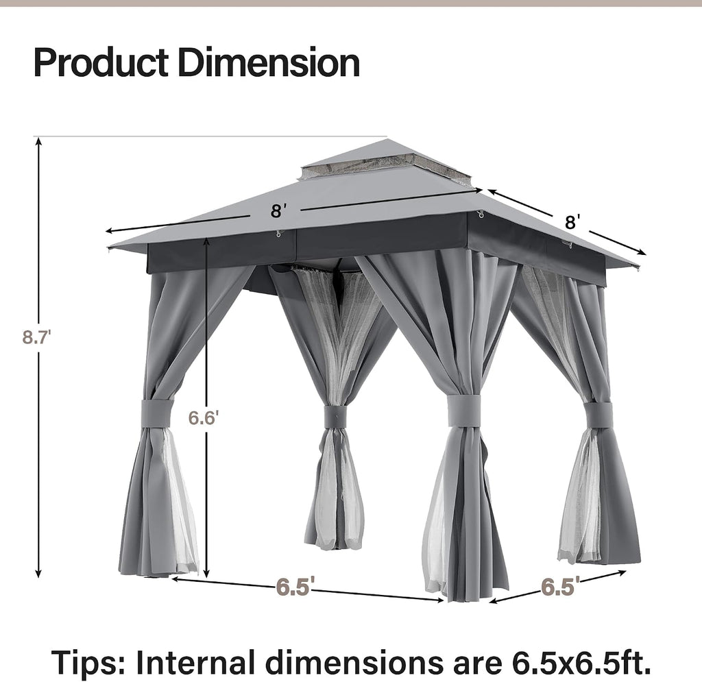 Patio Gazebo 8'x8', Outdoor Heavy Duty Party Tent Shelter with Double Roofs, Mosquito Nettings and Privacy Screens Gray