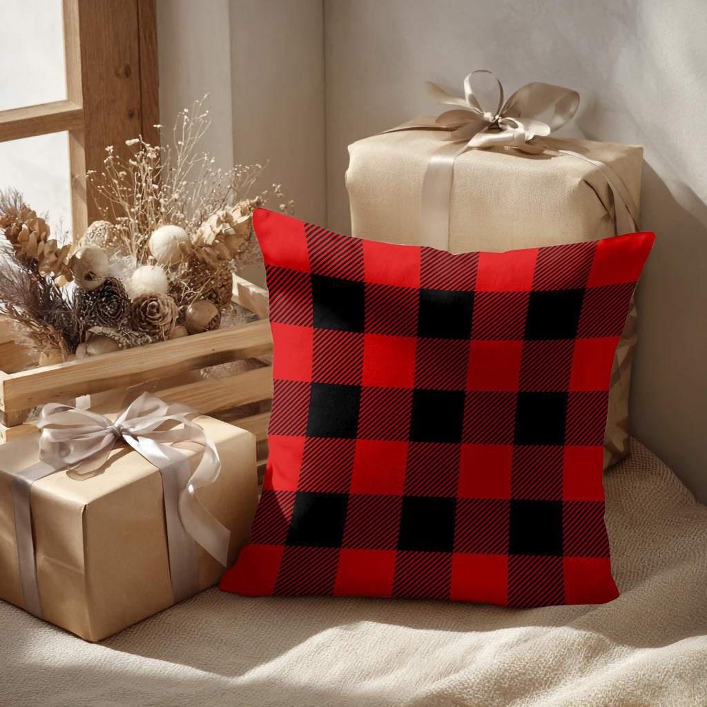 Red Black Plaid Throw Pillow Covers, Simple Rustic Lumberjack Geometric Retro Decorative Pillow Covers Digital