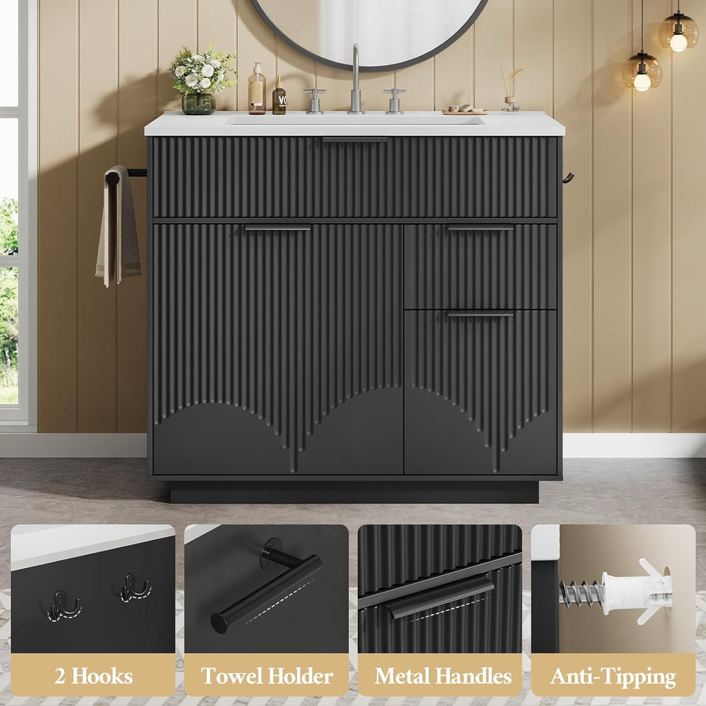31" Fluted Freestanding Bathroom Vanity with Sink - Cabinet with Door Storage & 3 Drawers