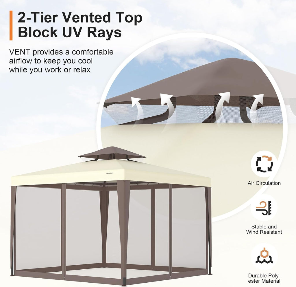 Patio Gazebo Tent Outdoor Canopy Shelter 10'x10' with Removable Netting,100 Square Feet of Shade and Lawns (Beige)