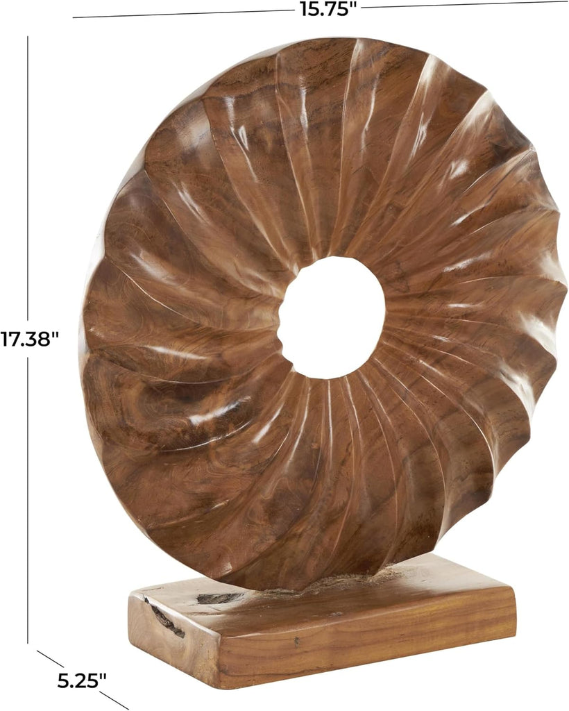 79 Teak Wood Abstract Handmade Decorative Sculpture Dimensional Circular Home Decor Statue with Center Cutout, Accent