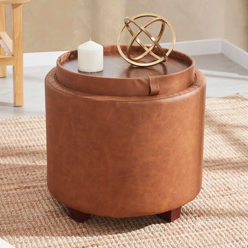 17" Round Storage Ottoman with Tray Top, Faux Leather, Cognac