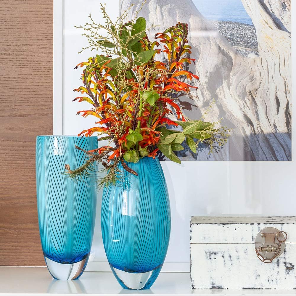 Murano Style Glass Vase Hand Blown Blue Feather Pattern Effect Home Decor