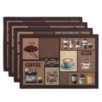Coffee Theme Placemats Set of 4 Farmhouse Style Brown Linen Fabric Table Mat 12x18 Inch Washable Heat Resistant