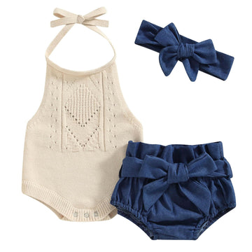 Toddler Baby Girl Summer Outfit Solid Color Tie-Up Halter Neck Knit Sweater Romper Denim Short Headband 3Pcs Clothes