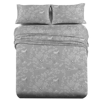 Tradition Heavyweight Flannel, 100-Percent Cotton Queen 4PC Bed Sheets Set, Pen Drawing Deer Print, 170 GSM