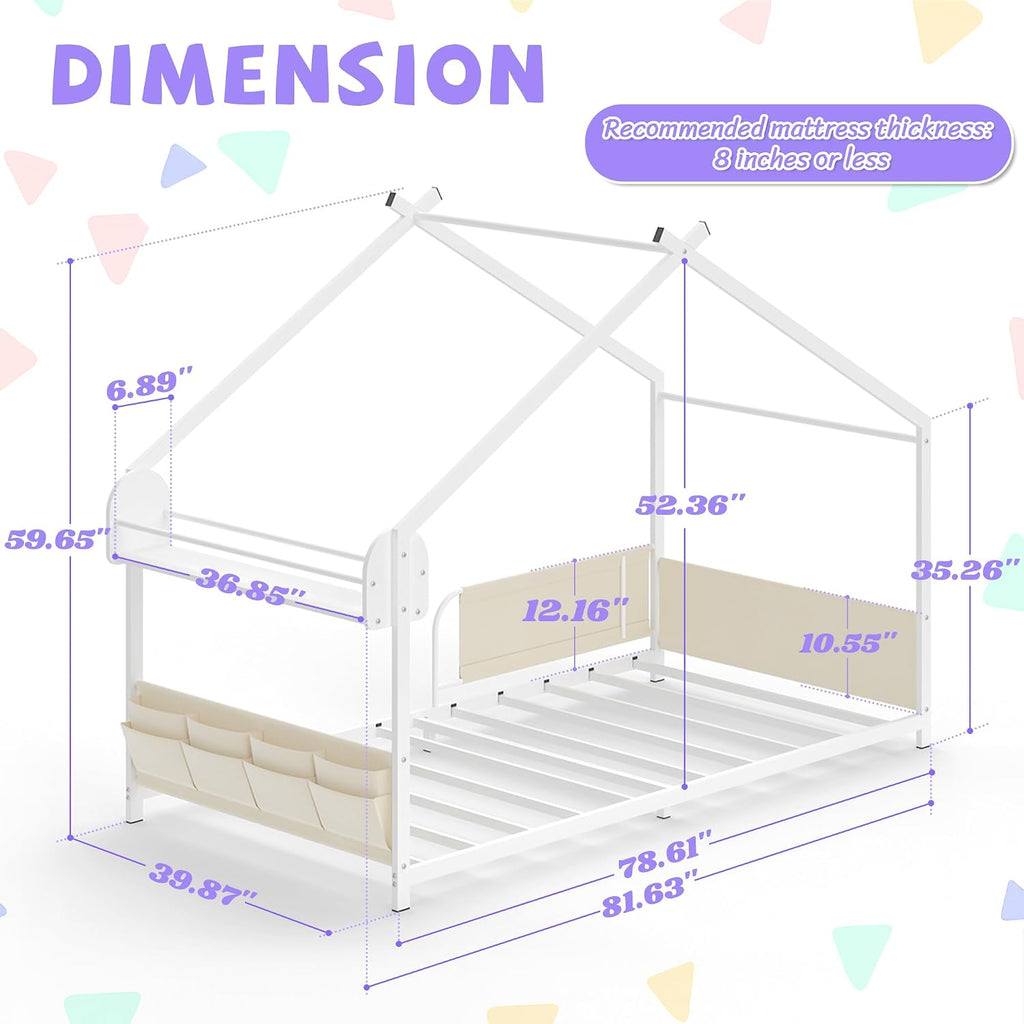 Twin Size House Bed with Storage Rack and Caddy | Montessori House Shape Bed Metal Floor Bedframe for Kids No Box