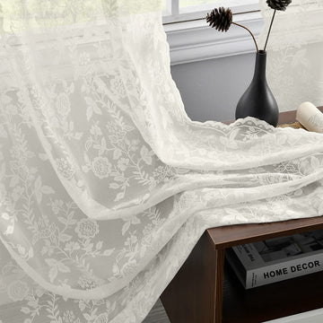 Ivory Lace Curtains Rustic Floral 52 x 63 Inch 2 Panels