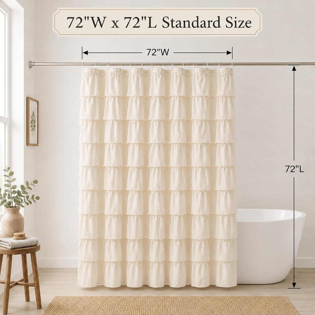 Beige Ruffle Shower Curtain , 72x72, Elegant Ruffled Panle | Soft Cream Color, Cascading Waterfall Ruffles, 72 x 72