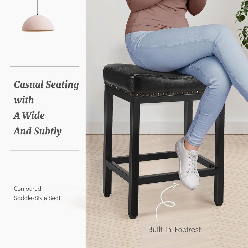 Saddle Bar Stools Set of 4, 24 Inch Counter Height Stools with Curved PU Leather Surface, 3.7" Thick Upholstery Bar