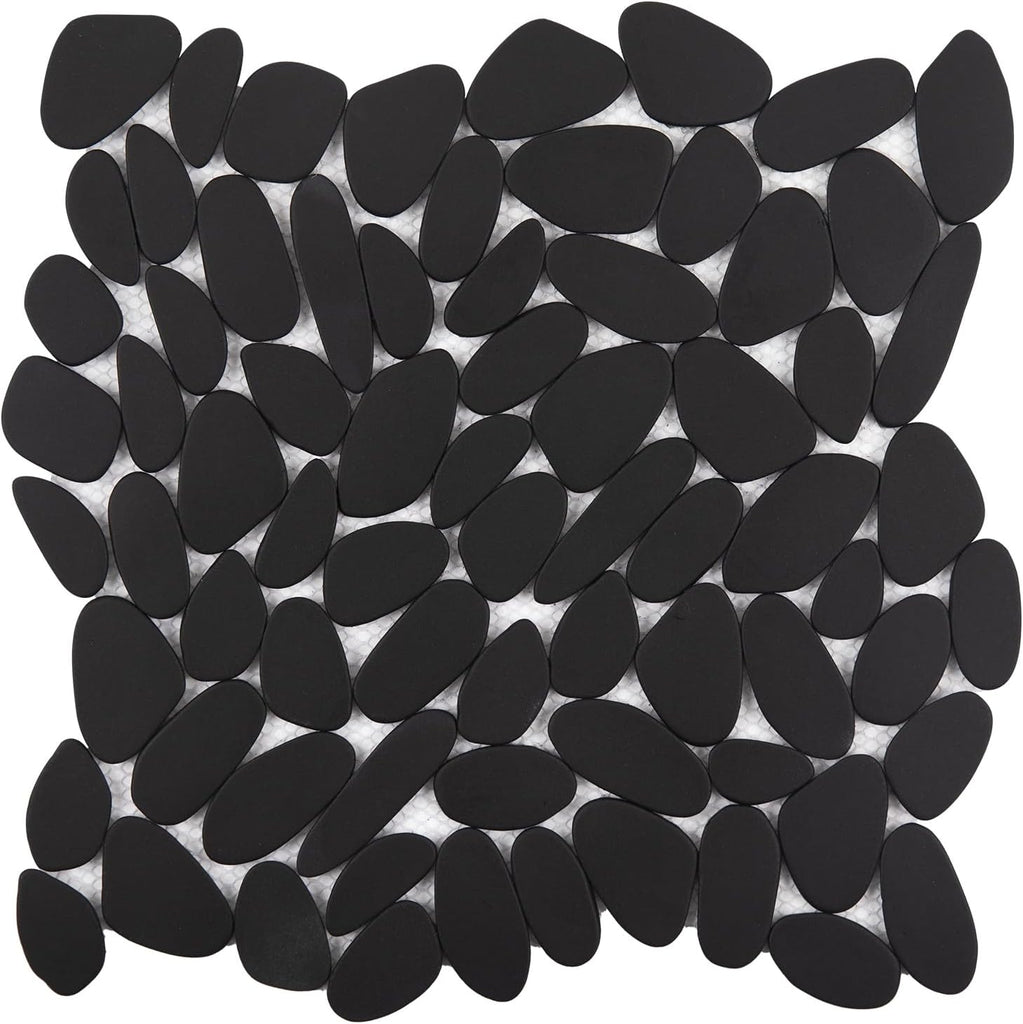 Pebble Tile for Shower Floor, Black Long Oval Pebble Mosaic Backsplash Bathroom Wall and Floor Tile and Outdoor