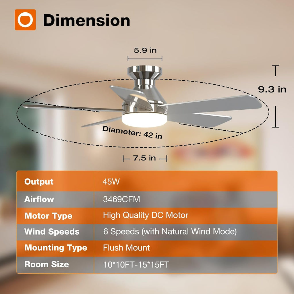 Ceiling Fans with Lights, 42 Inch Low Profile Ceiling Fan with Light And Remote Control, Flush Mount, Reversible, 3CCT, Dimmable, Quiet, Nickel Small Ceiling Fan for Bedroom Indoor/Outdoor Use