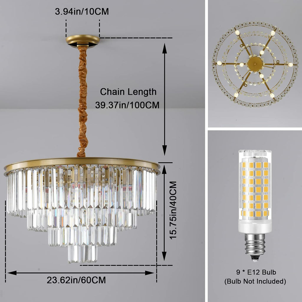 Gold Modern Crystal Chandelier, 4-Tier Round Flush Mount Ceiling Light Fixtures Height Adjustable Pendant Lighting