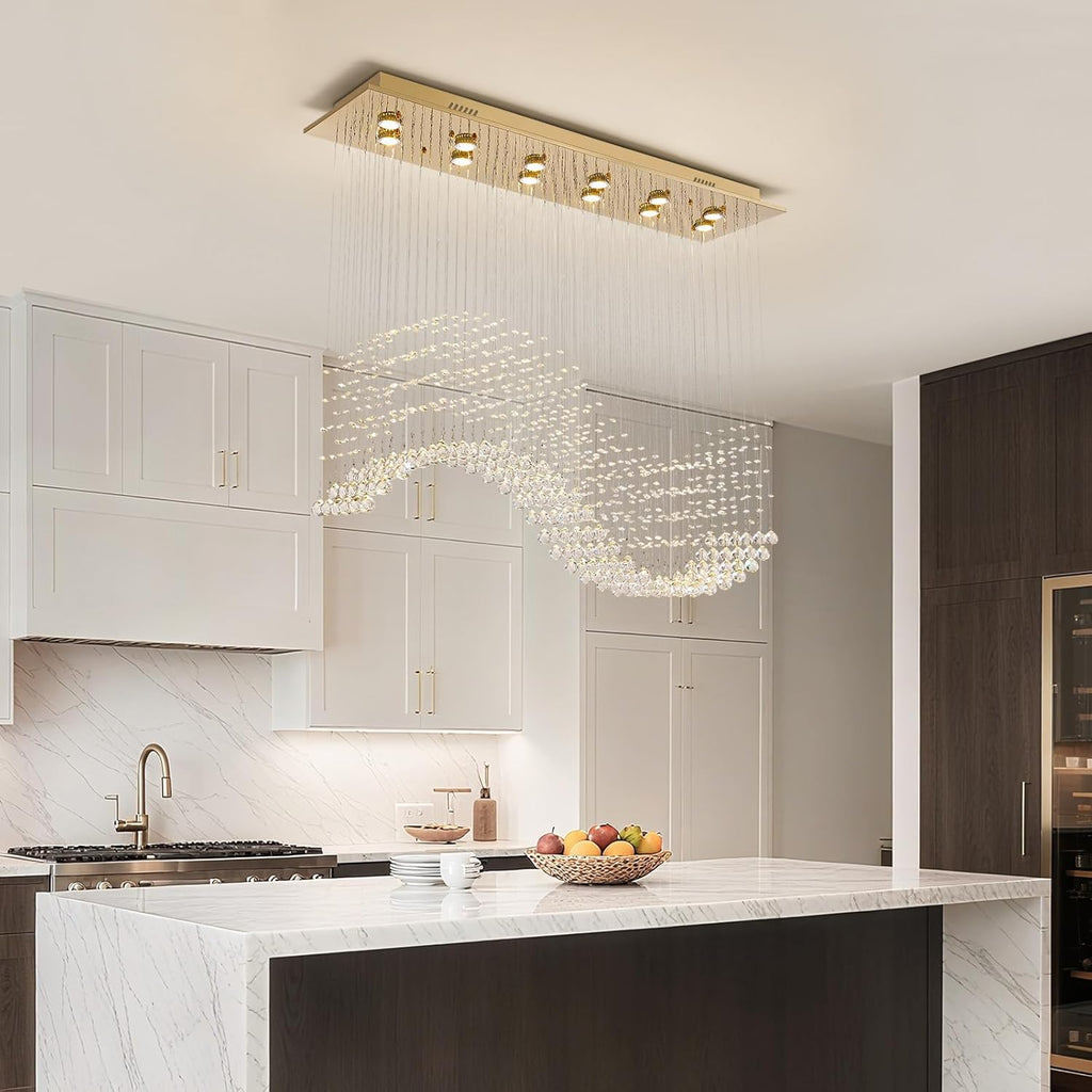 12-Lights Modern Crystal Chandeliers, Luxury Wave Raindrop Crystal Pedant Light Fixture, Rectangular Flush Mount