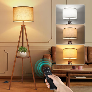 Wood Tripod Floor Lamp with Shelves, Mid Century LED Modern Dimmable Floor Lamp with Remote Control, Sturdy Tall