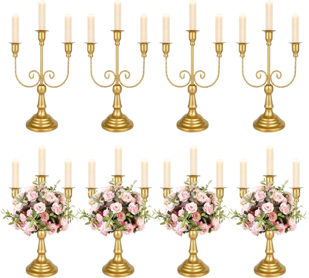 8 Pcs Gold Candelabra 12 Inch 3 Arm Metal Candle Stand Wedding Candlestick Holder for Table Centerpieces Wedding