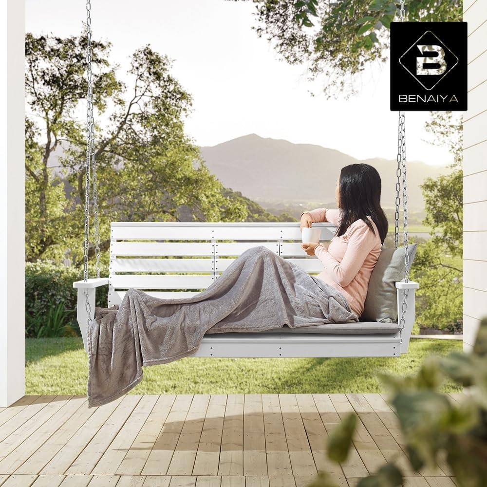Heavy Duty Poly Lumber HDPE Porch Swing with Mounting Kit and Accessories Outdoor Hanging Chair with Cup Holders