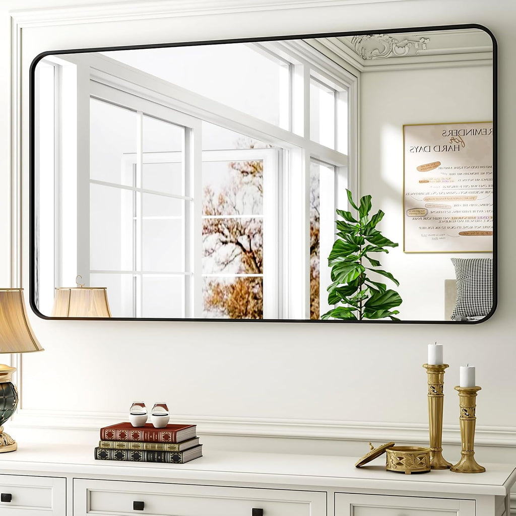 30 x 48 Inch Bathroom Mirror, Rounded Rectangular Vanity Mirror for Wall, Modern Mirror for Room Decor, Black Framed