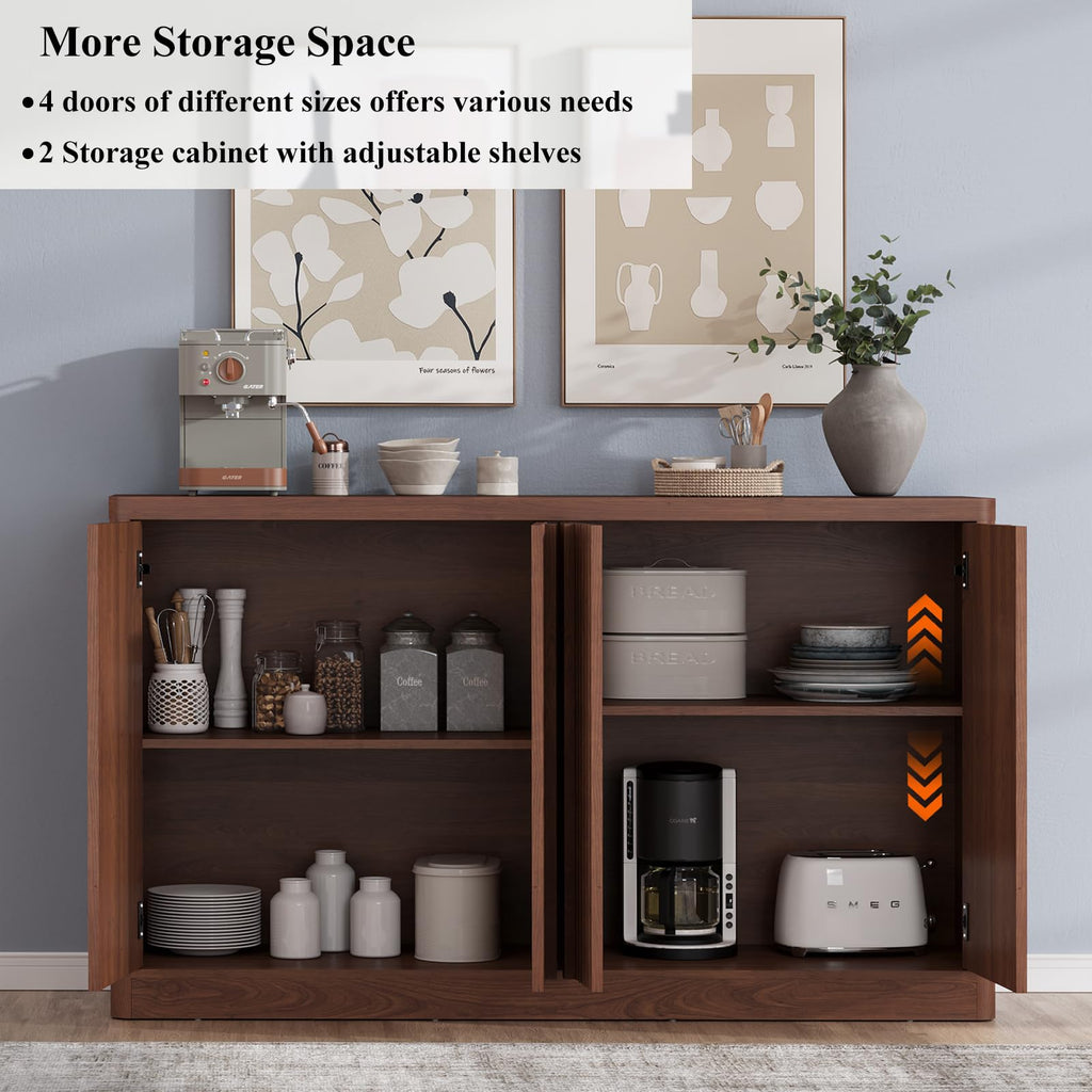 Fluted Buffet Cabinet with Storage, 60" Sideboard Buffet Storage Cabinet with 4 Doors & Adjustable Shelves, Wood