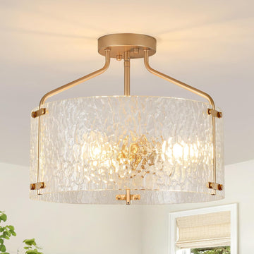 Semi Flush Mount Ceiling Light Fixture Glass Drum Chandelier Entryway Light Fixture 16''Gold Flush Mount Ceiling